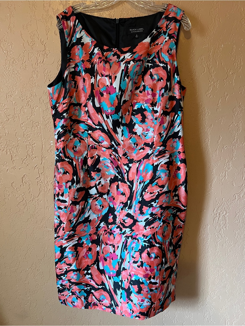 Evan Picone Black Floral Sheath Dress in Coral, Turquoise & Pink